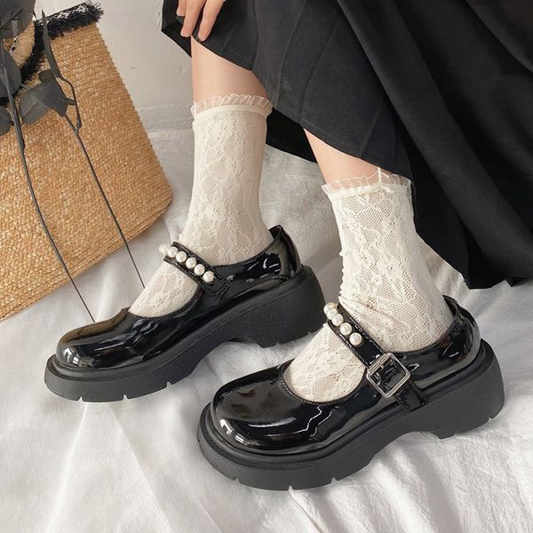 

dress shoes lolita mary jane shoes with pearls, women's platform and high heels, casual, varnished leather, thick soles, oxford 9180n d, Black