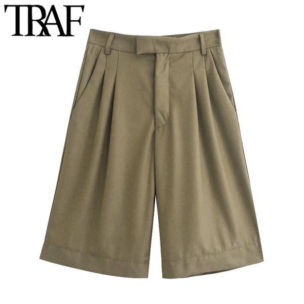 

traf women chic fashion side pockets darted bermuda shorts vintage high waist zipper fly female short pants mujer 210415, White;black