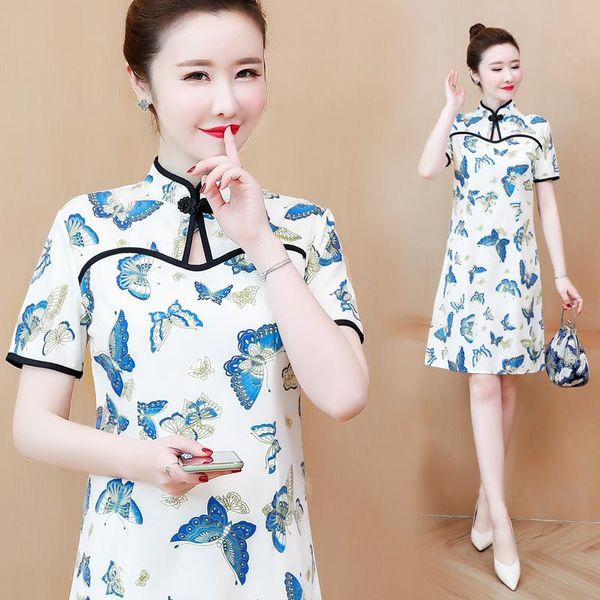 

butterfly floral print improve qipao dress women 2021 summer short sleeve sweet girl cheongsam modern fashion chic ethnic clothing, Red