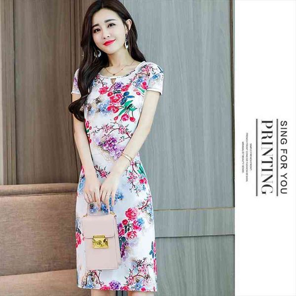

xl-5xl clothes print tunic long womens dresses casual o-neck cotton short sleeves mid-calf plus size loose vestidos, Black;gray
