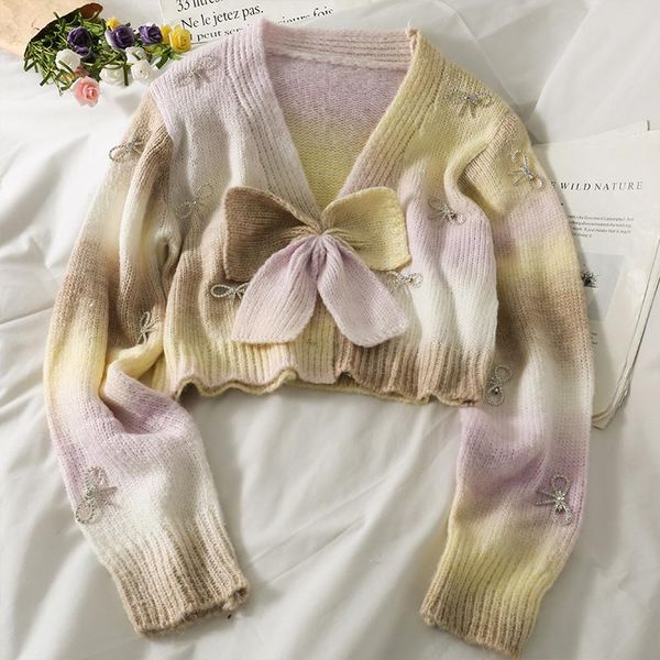 

women's knits & tees sweet gradient color matching bow short sweater autumn cardigans clothes v-neck long-sleeved vintage cardigan, White