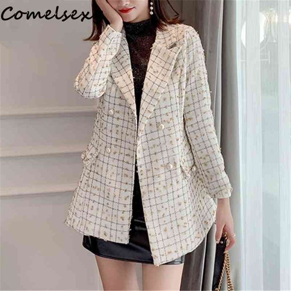 

long sleeve notched collar double-breasted jackets blazers autumn korean vintage tweed plaid women blazers coats femme 210515, White;black