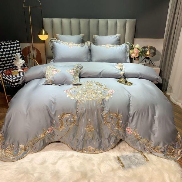 

bedding sets luxury european embroidery gray set 100%long-staple cotton duvet cover soft breathable bed sheet pillowcases  king