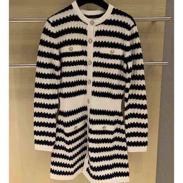 

casual dresses cosmicchic women 2021 early spring striped knitted dress waist hugging o-neck long sleeve single breasted high, Black;gray