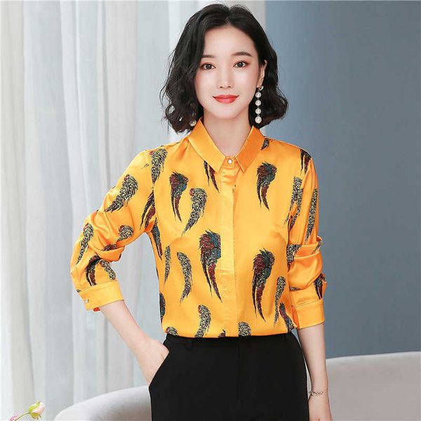 

korean fashion silk women blouses office lady feather pattern shirt and blouse satin womens plus size xxxl 210531, White