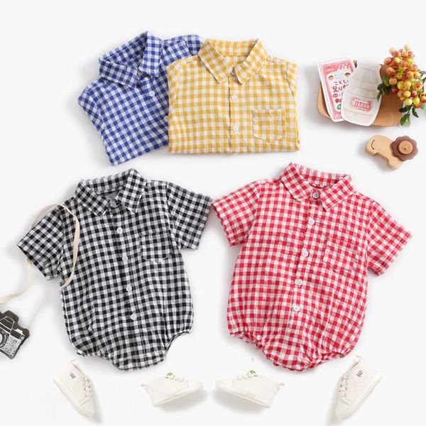 

spring autumn newborn baby boys short sleeve grid shirt clothes rompers baby toddler boys triangle jumpsuits, Blue