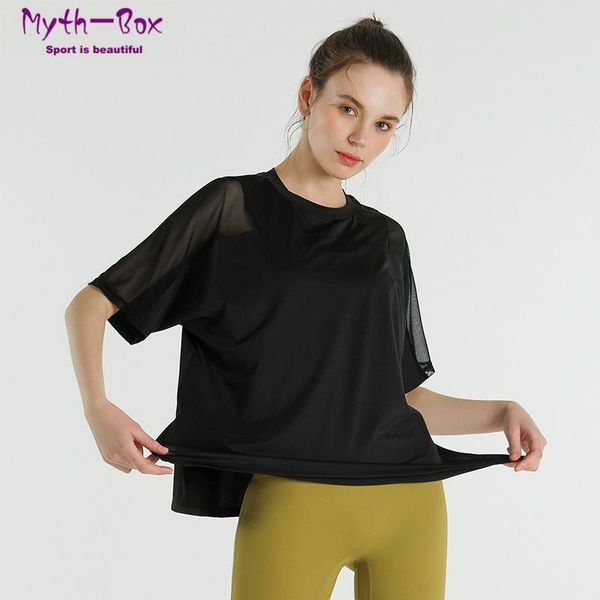 

yoga outfit women sport mesh patchwork loose shirts split hem short sleeve running t-shirts girls quick dry gym workout tee blouse