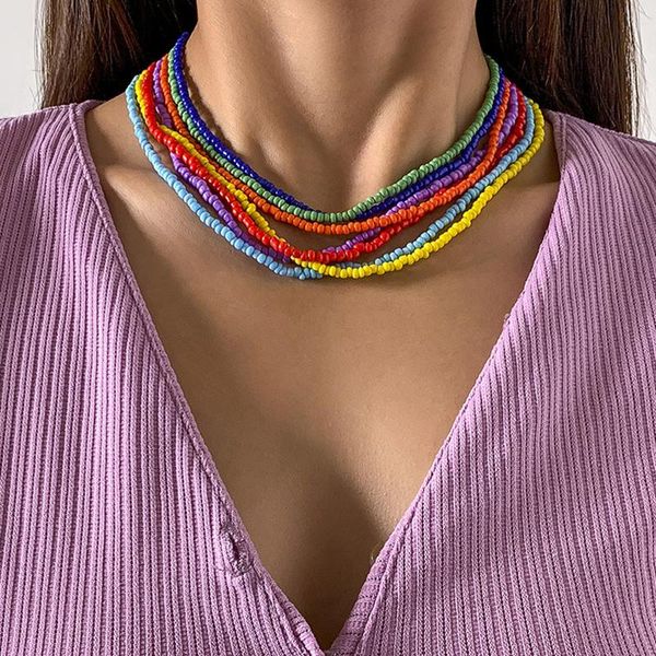 

chokers 7pcs/set rainbow colorful beads chain choker necklaces bohemian candy color short collar for women egirl trend jewelry, Golden;silver