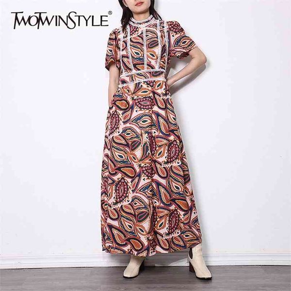 

vintage print patchwork dress for women stand collar puff short sleeve high waist maxi dresses female fashion 210520, Black;gray