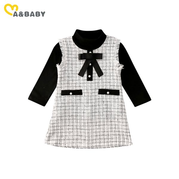 18m-7Y Autunno Inverno Bambino Bambino Ragazze Vestono Moda Plaid Manica lunga Arco Abiti da festa per bambini Costumi 210515