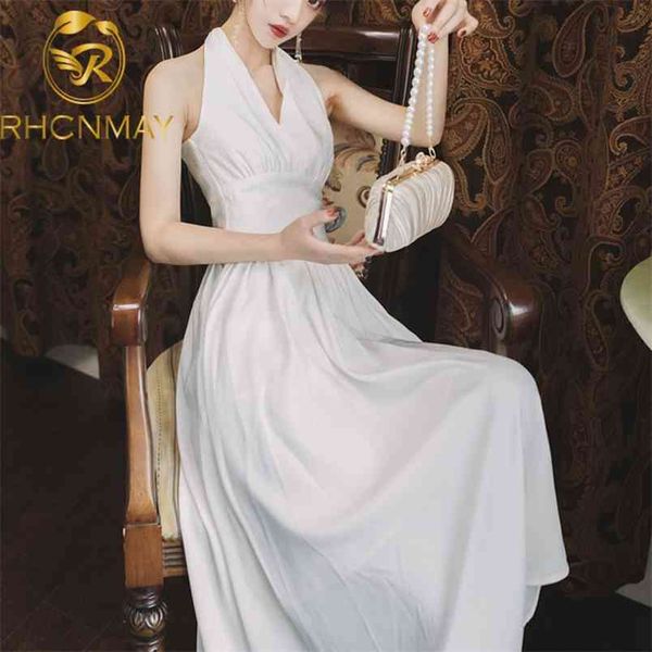 

women summer halter sleeveless beach dress female slim v neck backless lady casual big swing party 210506, Black;gray