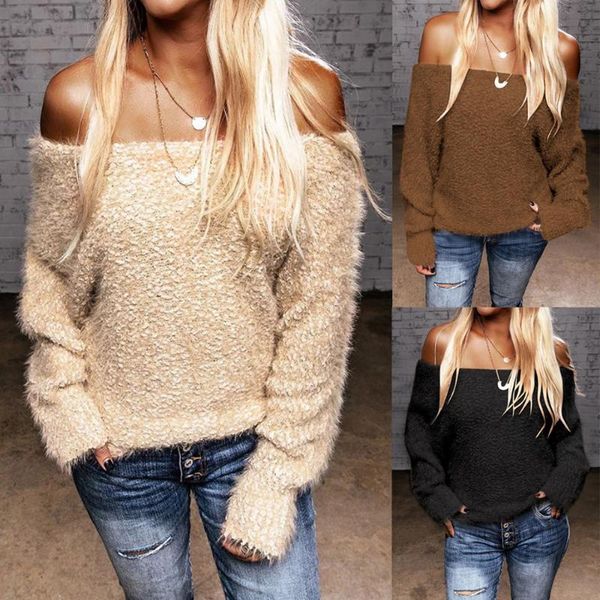 

women's sweaters women off shoulder crocheted pullover sweater office lady casual solid loose long sleeve blouse, White;black