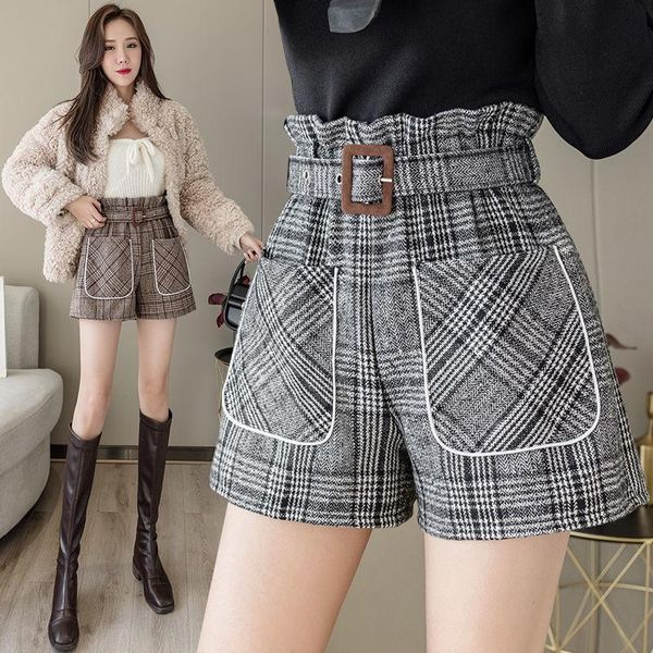 

women's shorts woman fashion tweed plaid print female autumn winter high waist woolen ladies loose casual a-line short a76, White;black