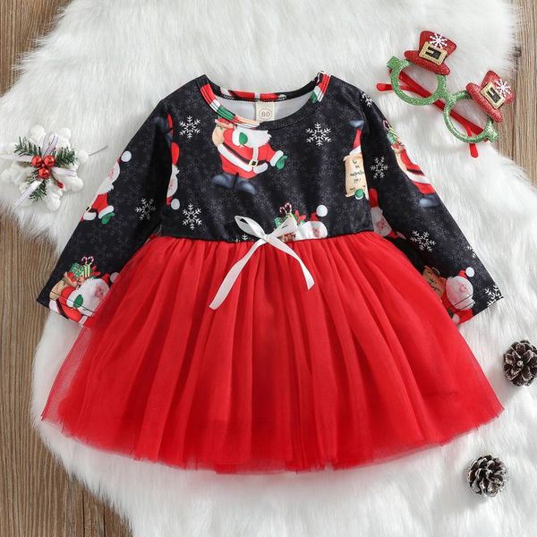 

girl's dresses kids christmas net yarn dress cartoon patterns print round neck long sleeve stitching girls spring autumn cute, Red;yellow