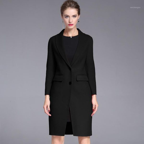 

women's wool & blends 2021 spring and autumn europe united states high-end slim pure handmade cashmere double-sided woolen coat women, Black