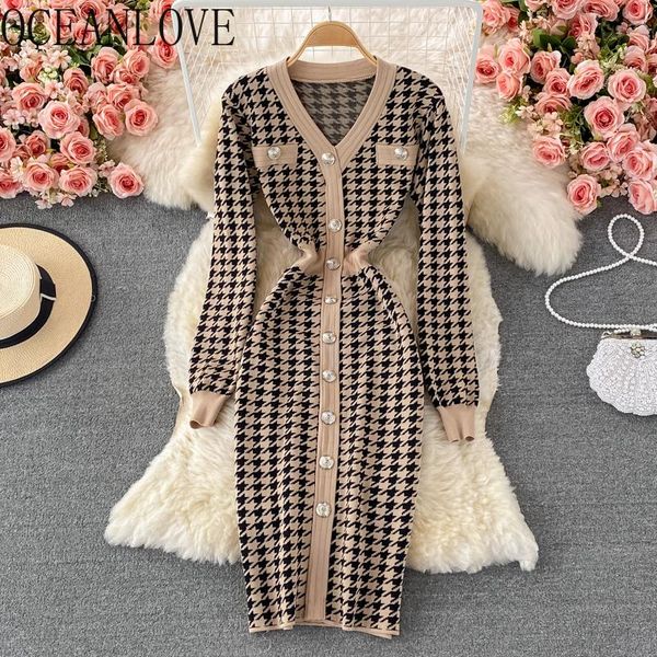

casual dresses oceanlove robe femme plaid v neck knitting single breasted korean vintage vestidos elegant autumn winter women sexy, Black;gray