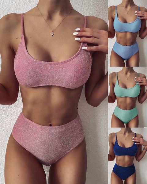 Ninimour Katı Push Up Sling Rahat Sıcak Bikini Set Kadınlar Yüksek Bel 2 Parça Mayo Yastıklı Sütyen Sapanlar Mayo 210415