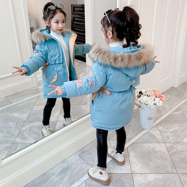 

down coat girl winter jacket kids outerwear warm thick parka children clothing windproof cotton fur hooded overcoat 3-15y, Blue;gray