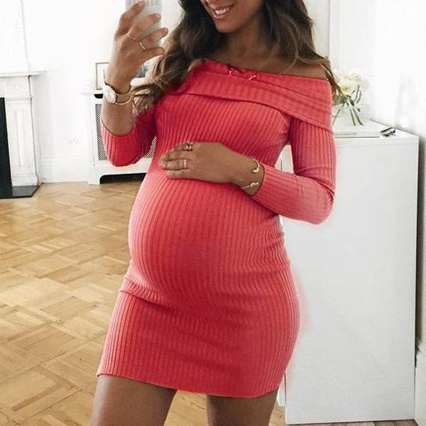

maternity dresses wide and comfortable knitted dress european american solid color off-shoulder, White