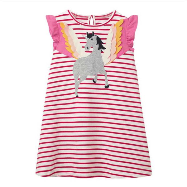 Salto Metri Unicorn Stripe Girls Abiti casual per l'estate Baby Animals Applique Kids Cotton Costume Toddler Dress 210529