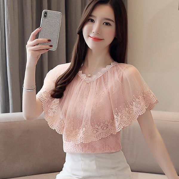 

women's blouses & shirts 2021fashion lace solid color casual ladies shirt women short sleeve korean style blouse, White