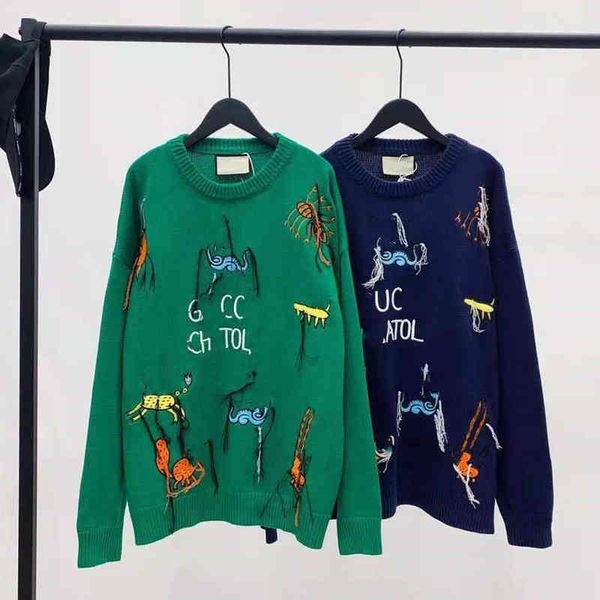 

autumn new fashion ancient pattern flower knitted long sleeve pullover men's and women's sweater, White