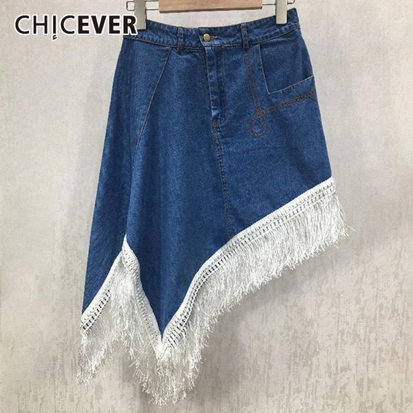 

korean tassel patchwork skirt for women high waist slim irregular hem denim mini skirts female fashion tide 2021 summer, Black