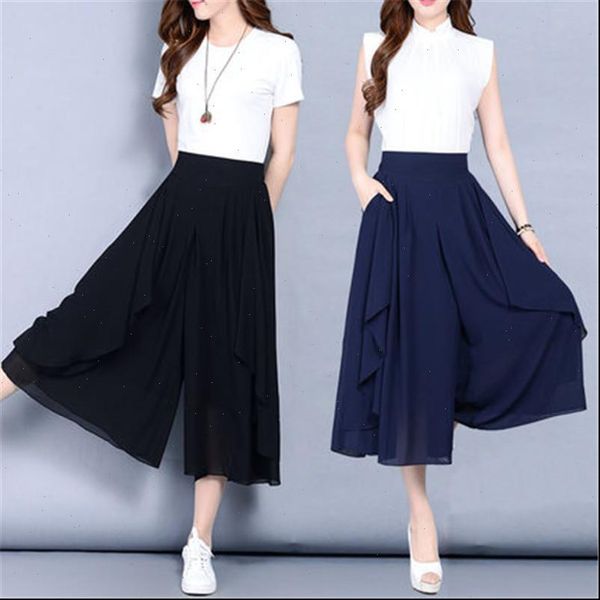 

large size women pant 6xl womens chiffon pants skirt summer loose thin wide leg high waist elastic elegant x846, Black;white