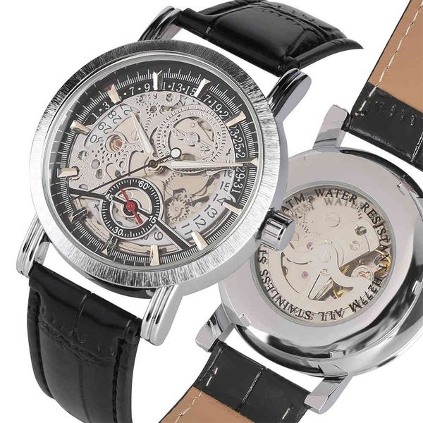 

watches skeleton men automatic-self-winding mechanical business style clock male gifts brand luxury reloj hombre, Slivery;brown