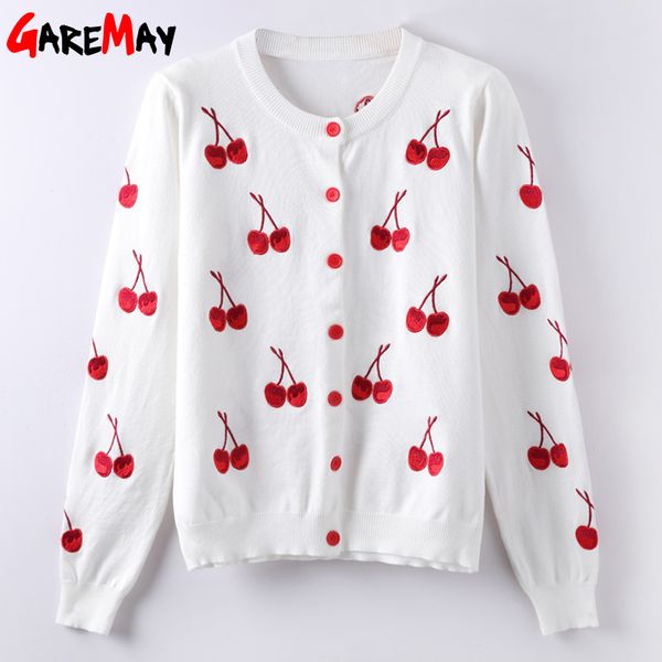 

women cardigan summer knitted floral long sleeve femme o-neck short sweater s female 210428, White