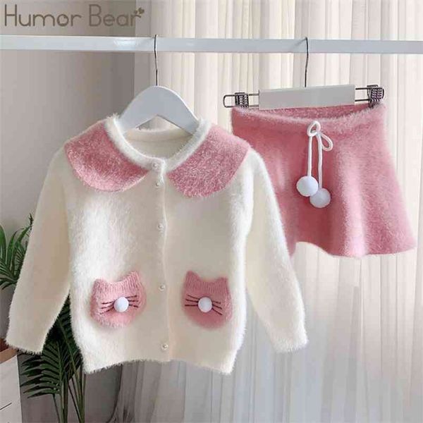 Autunno Inverno Ragazze Maglione Coreano Orecchio di Coniglio Maglieria Tasca Colletto per Bambole Top + Gonna 2 Pezzi Set di Vestiti per Bambini 210611