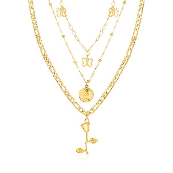 

chains fashion multi-layered rose flower butterfly choker necklace for women gold color coin portrait pendant trend jewelry, Silver