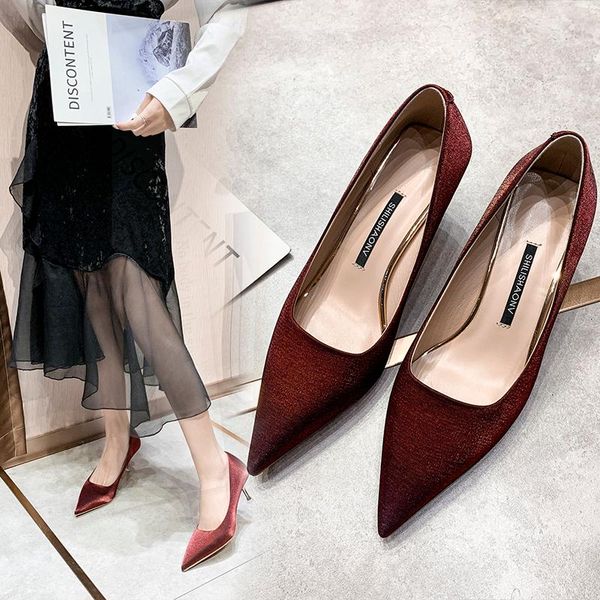 

dress shoes women's 2021 spring thin heeled pointed high wine cup and red silk wedding women, Black
