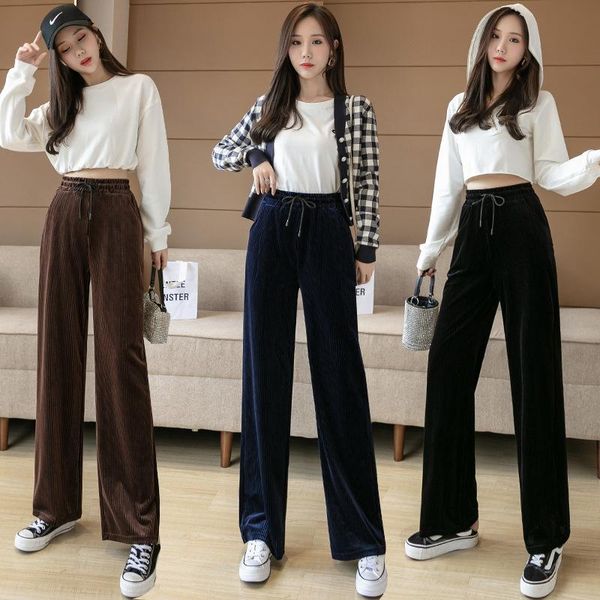 

women's pants & capris 2021 lengthened gold velvet wide-leg korean strip casual high-waist loose straight-leg, Black;white