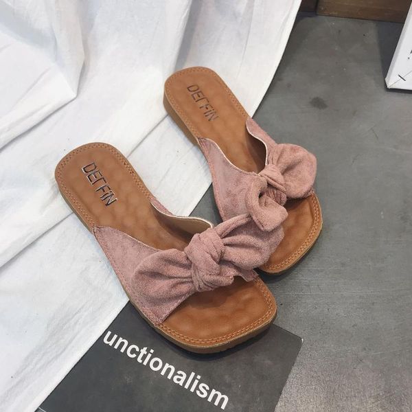 

slippers open toe outside women summer solid shallow butterfly-knot flat slides concise shoes, Black