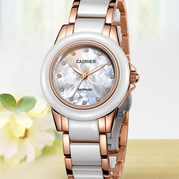 

wristwatches cadisen gold ceramic strap women watch fashion ladies quartz sapphire crystal clock relogio feminino gift box, Slivery;brown