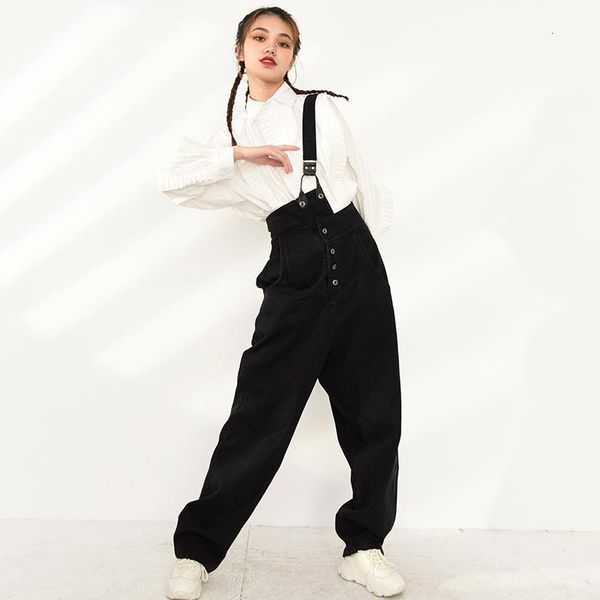 

[eam] black irregular denim long overalls wide leg jeans high waist loose women trousers fashion spring autumn 1db20001, Blue