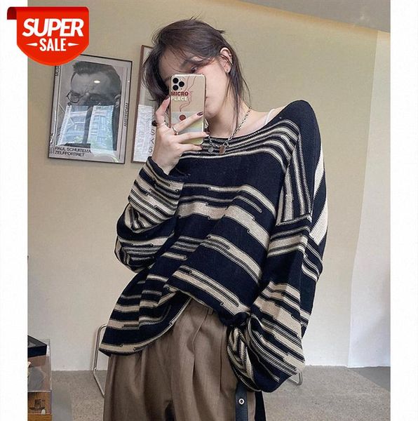 

pullover sweater lazy wind, early striped loose-fitting coat women #fg1k, Black
