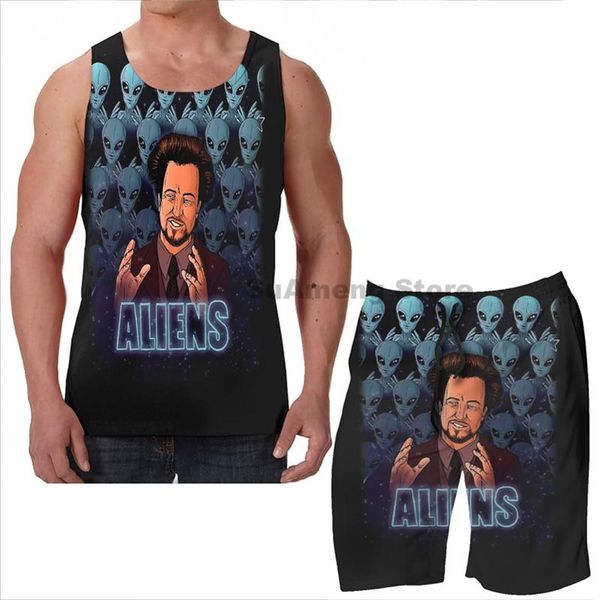 

men's tracksuits summer funny print men tank women the aliens guy (giorgio tsoukalos) color beach shorts sets fitness vest, Gray