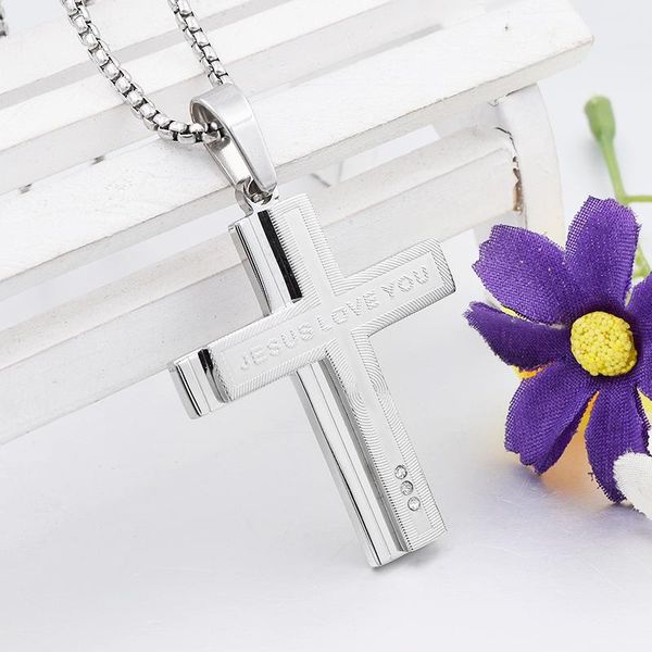 

pendant necklaces silver color stainless steel cross necklace for men religious women crucifix 'jewelry jesus love you' never fade