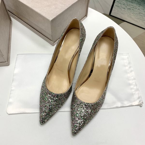 

new style single shoes with pointed sandals toe 8cm high heel sequins gradient color matching women's stiletto wedding banquet 01, Black