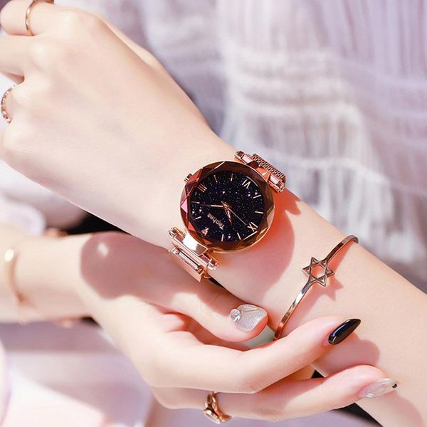 

wristwatches rose gold women watch fashion ladies starry sky magnetic wrist casual mesh steel female clock wristwatch, Slivery;brown