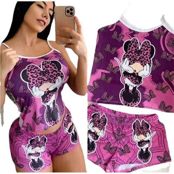 

summer purple casual cute cartoon printed & short suit women 2 piece set 210521, White