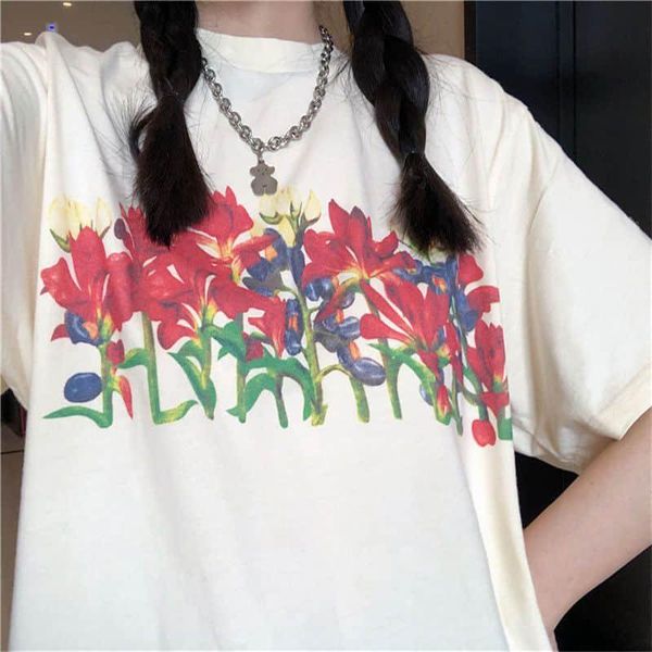 

women's t-shirt cotton 2021 summer korean loose antique girl's hand-painted flower print short sleeve vintage y2k top, White