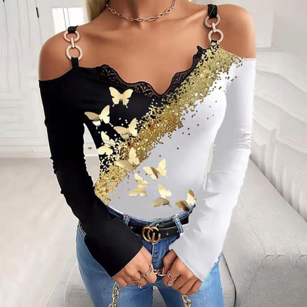 

women's t-shirt off shoulder t shirt women autumn casual long sleeve bronzing butterfly print shirts 2021 white plus size 5xl femme