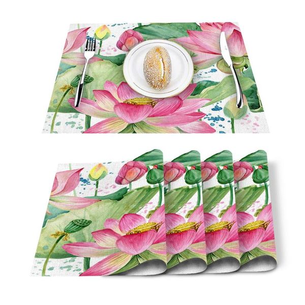 

table runner 4/6pcs plant pink lotus green leaf art kitchen placemat set dining mats cotton linen pad bowl cup mat home decor