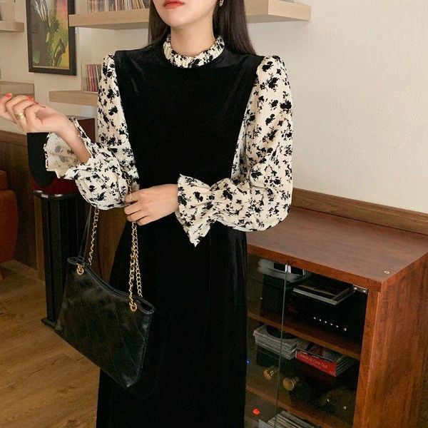 

woman dresses elegant retro small floral stitching fake two-piece velvet dress vestido de mujer femme robe casual, Black;gray
