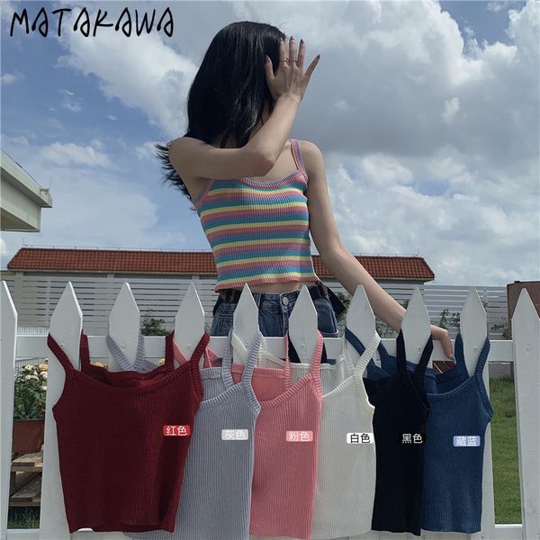 

matakawa summer chic ice silk knitted camis suspenders crop women solid women's outer sleeveless spaghetti strap tank 210513, White