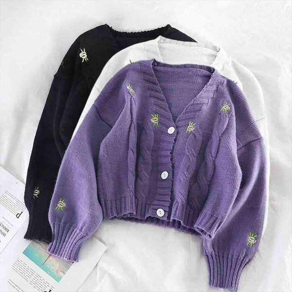 

korean v neck lantern women sweater long sleeve knitted cardigans female embroidery solid single breast short coat autumn, White;black