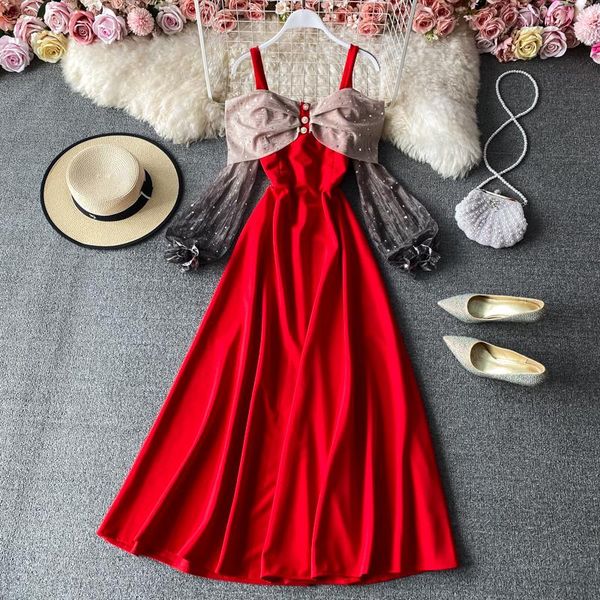 

spring autumn black/red patchwork party spaghetti strap long dress women elegant off shoulder lantern sleeve vestidos female casual dresses, Black;gray